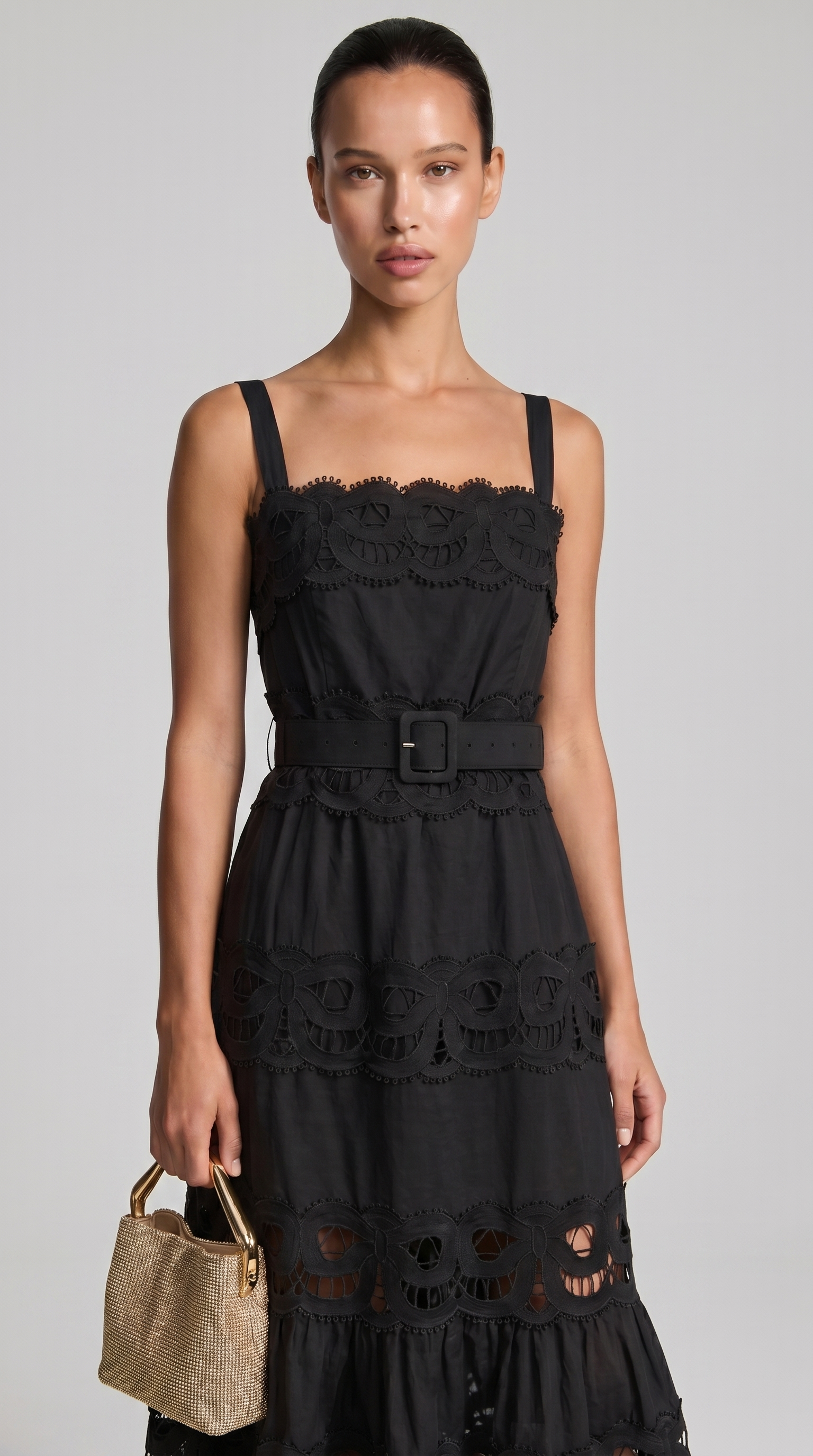 Seda - Belted Eyelet Lace Maxi Dress Black