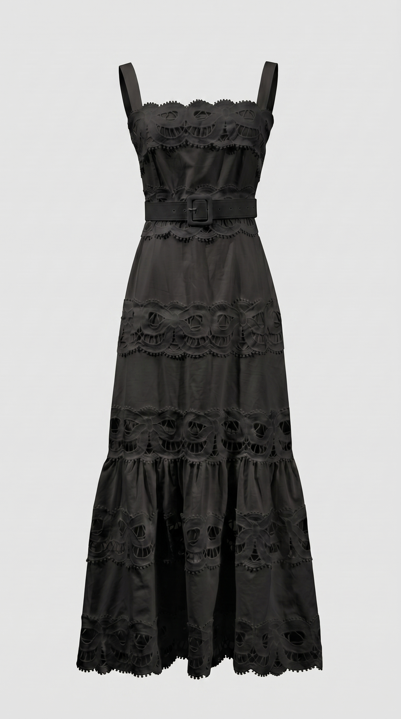 Seda - Belted Eyelet Lace Maxi Dress Black