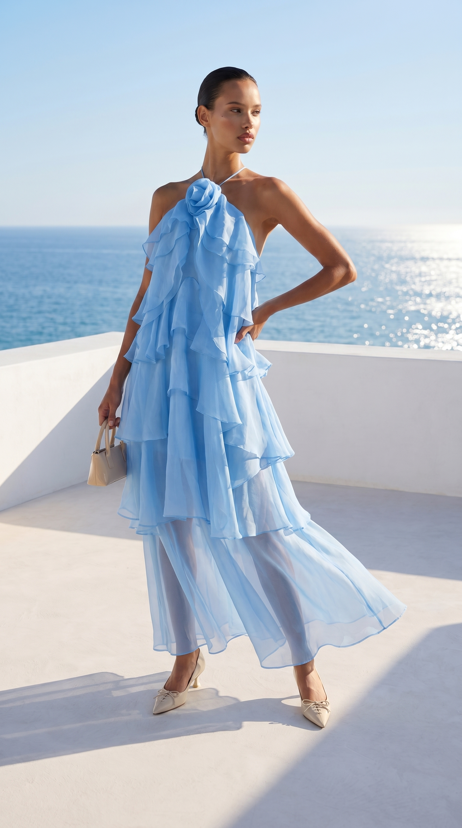 Zeli - Tiered Ruffle Halter Maxi Dress Baby Blue