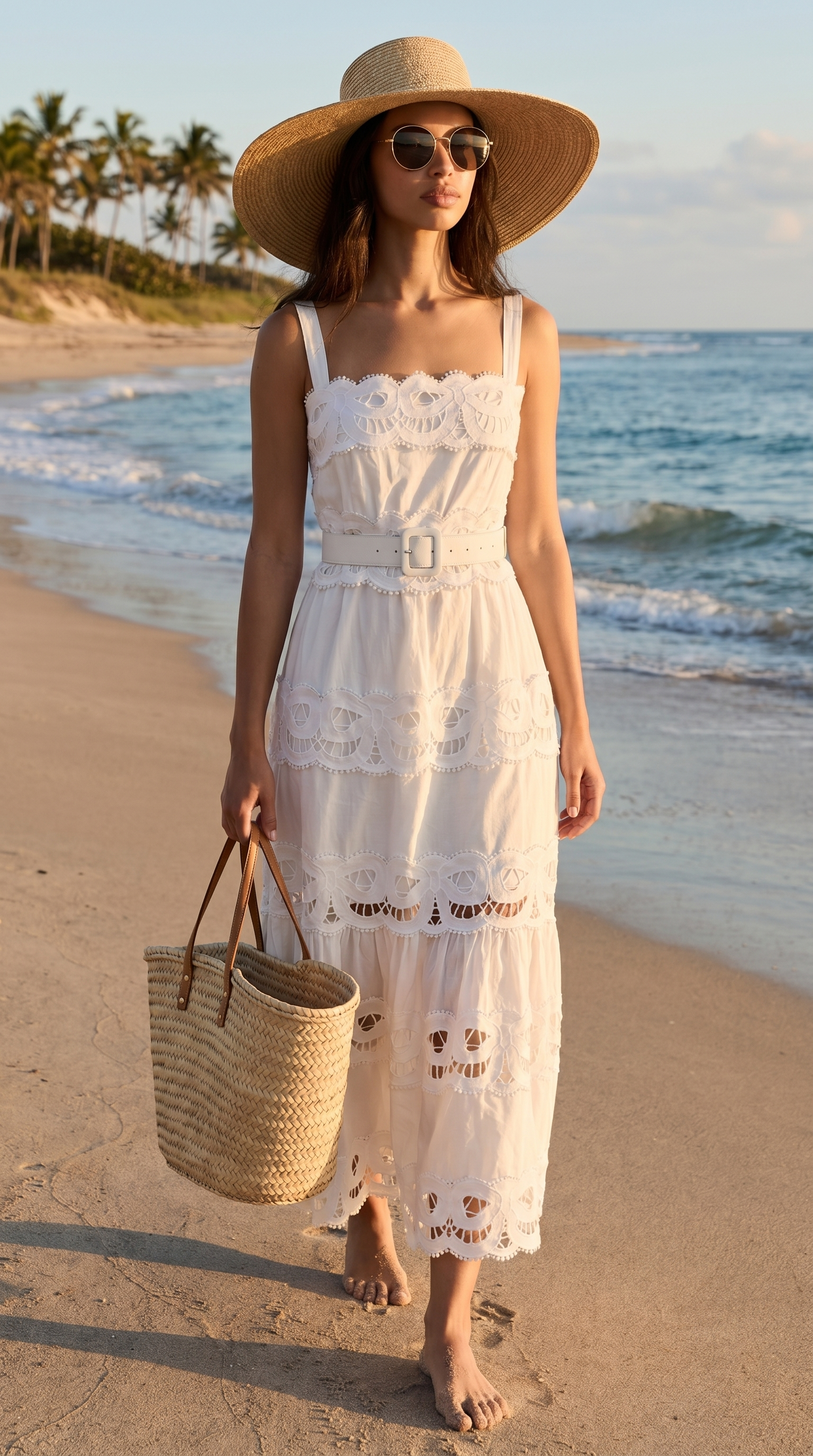 Seda - Belted Eyelet Lace Maxi Dress White