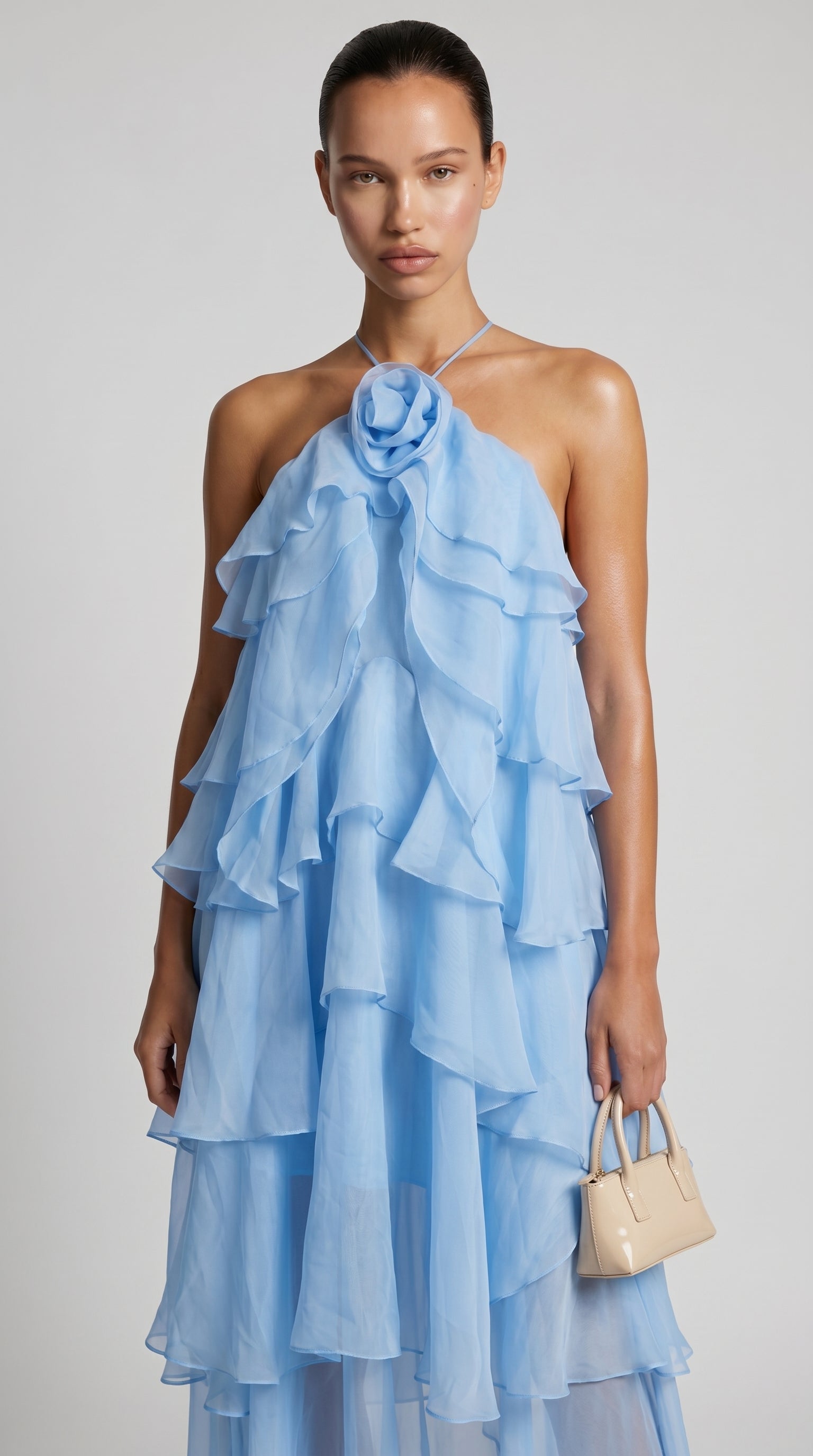 Zeli - Tiered Ruffle Halter Maxi Dress Baby Blue