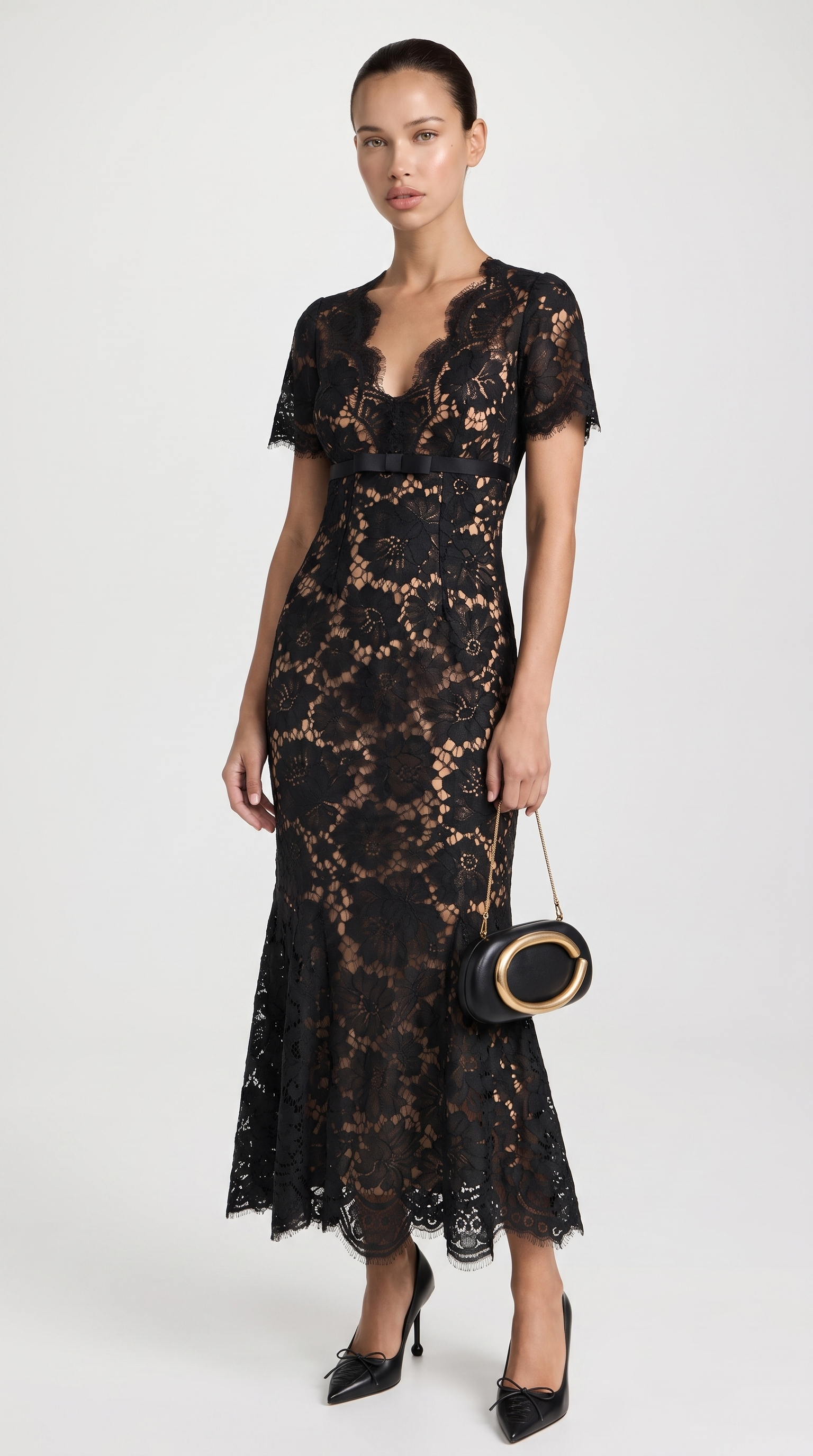 Rhea - Eyelash Lace Trumpet Midi Dress