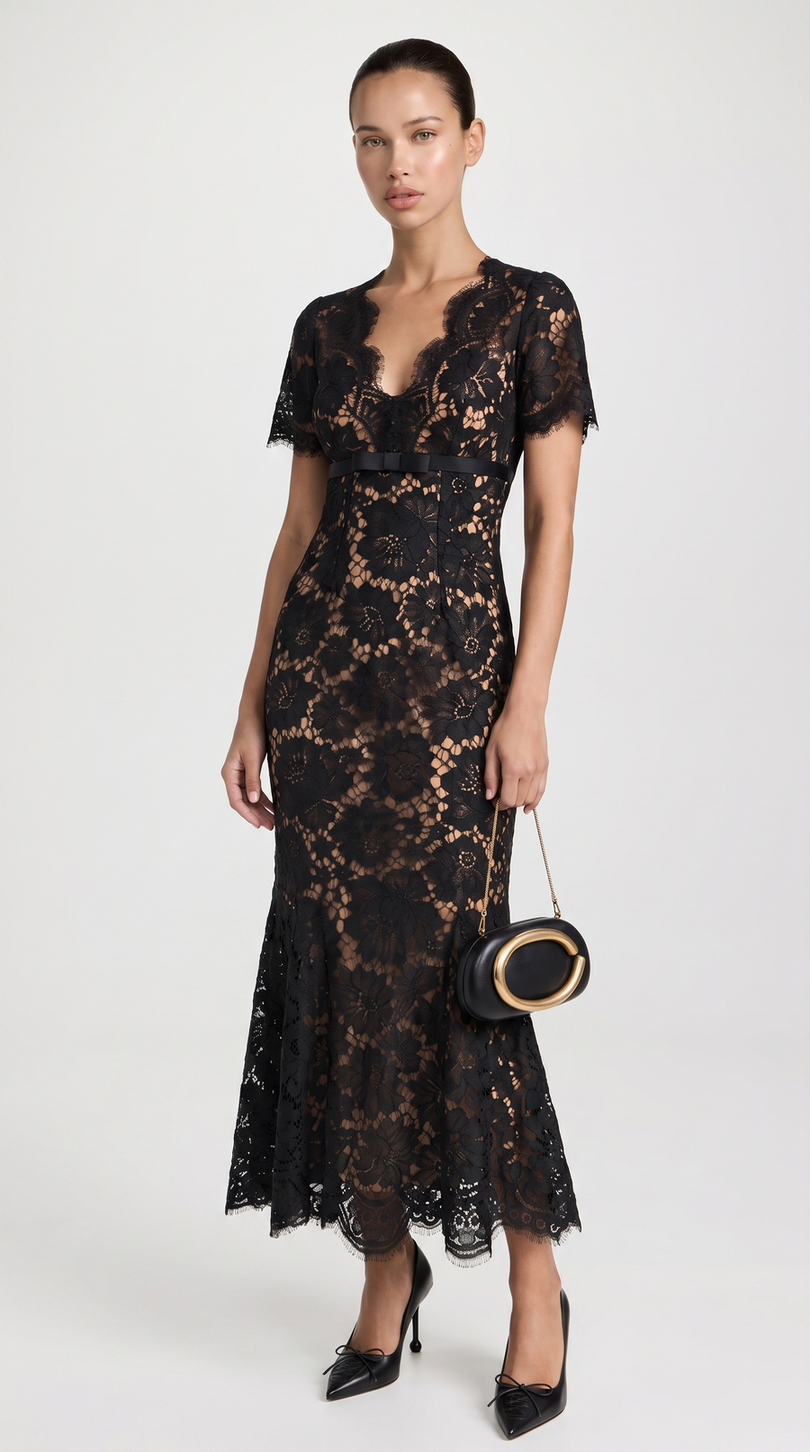 Rhea - Eyelash Lace Trumpet Midi Dress