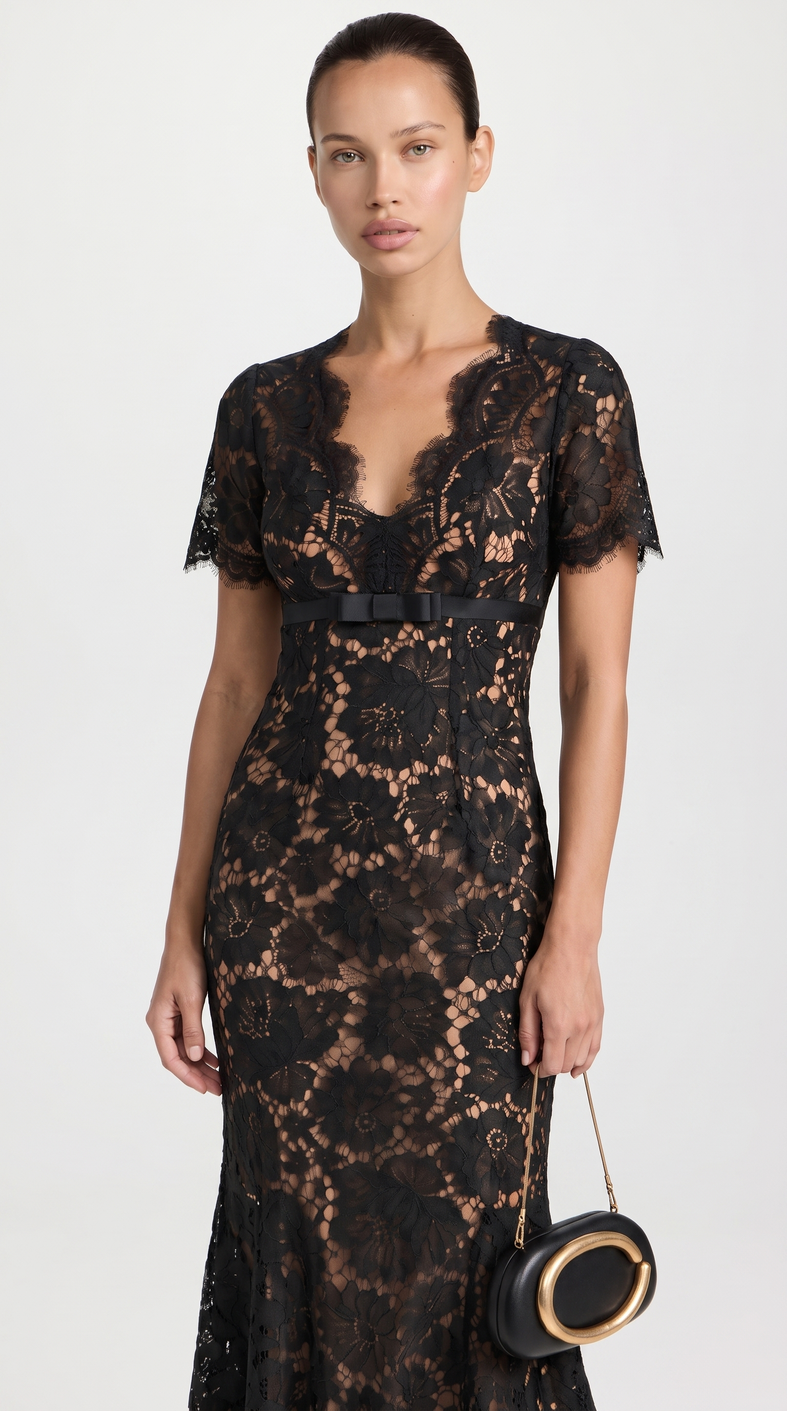 Rhea - Eyelash Lace Trumpet Midi Dress