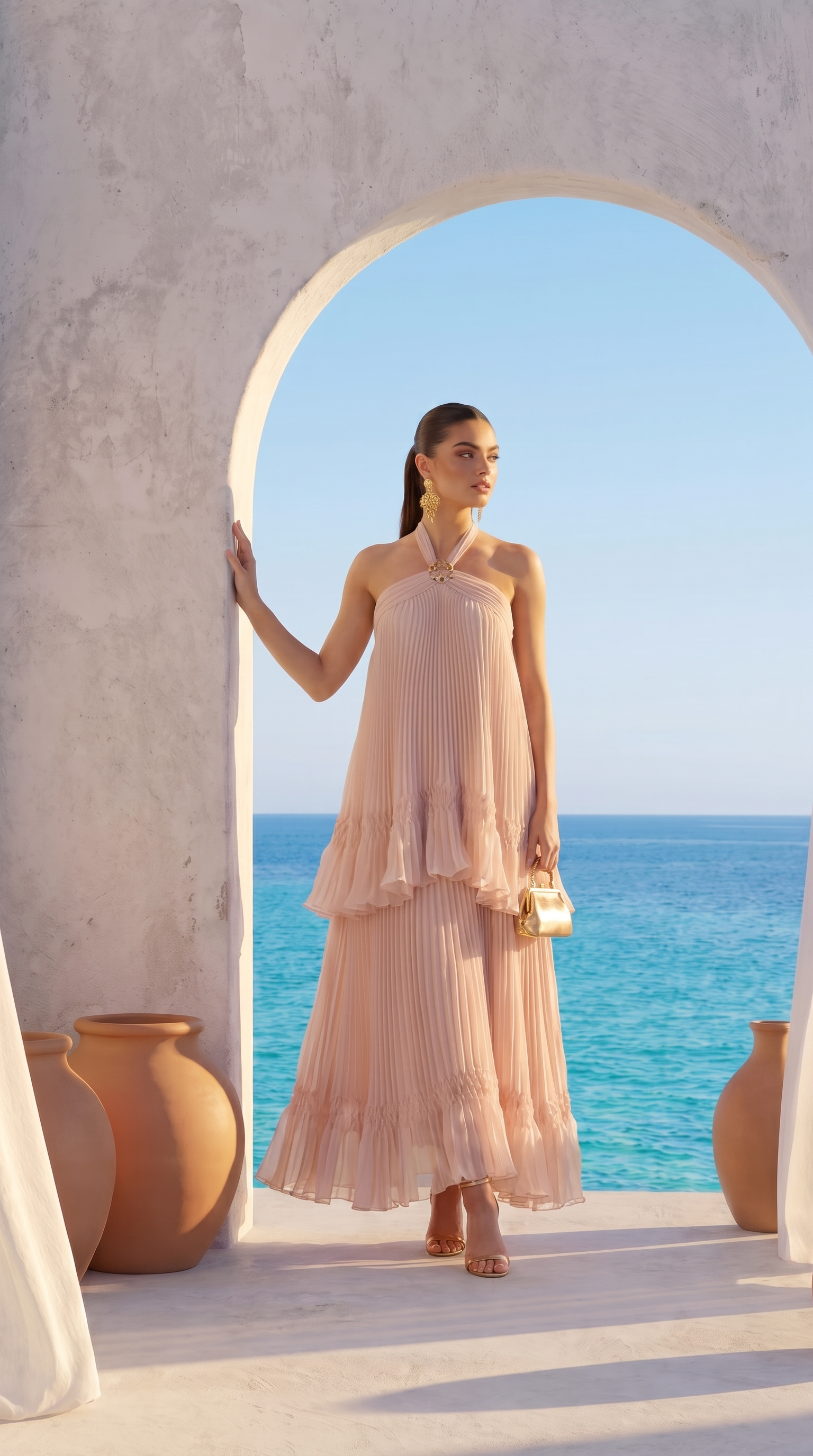 Cyan - Tiered Plissé Halter Maxi Gown