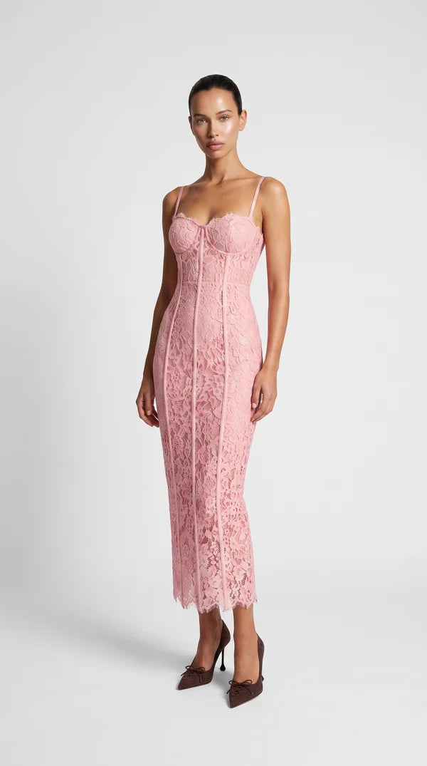 Lotri - Paneled Floral Lace Bustier Midi Dress Black