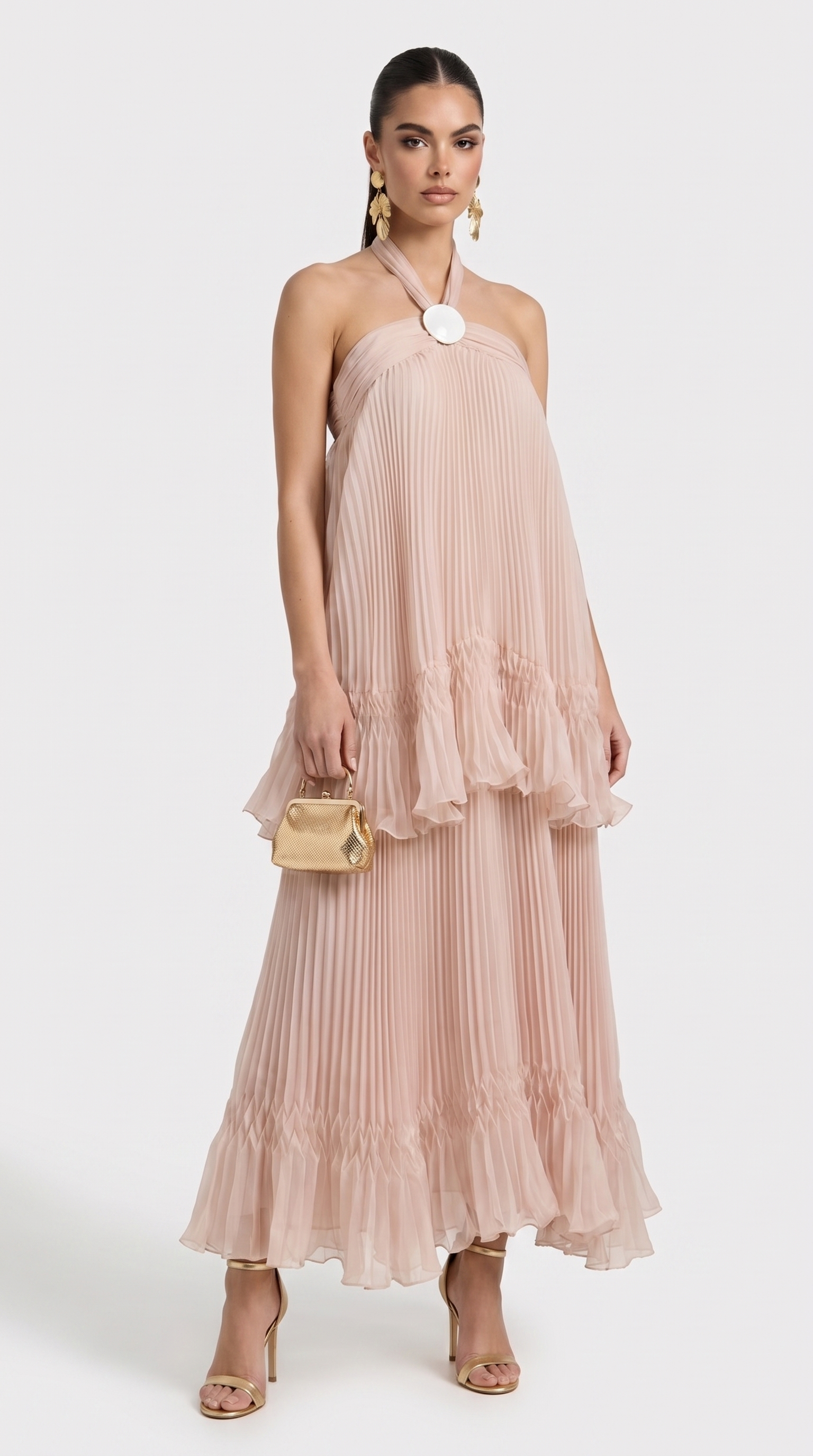 Cyan - Tiered Plissé Halter Maxi Gown