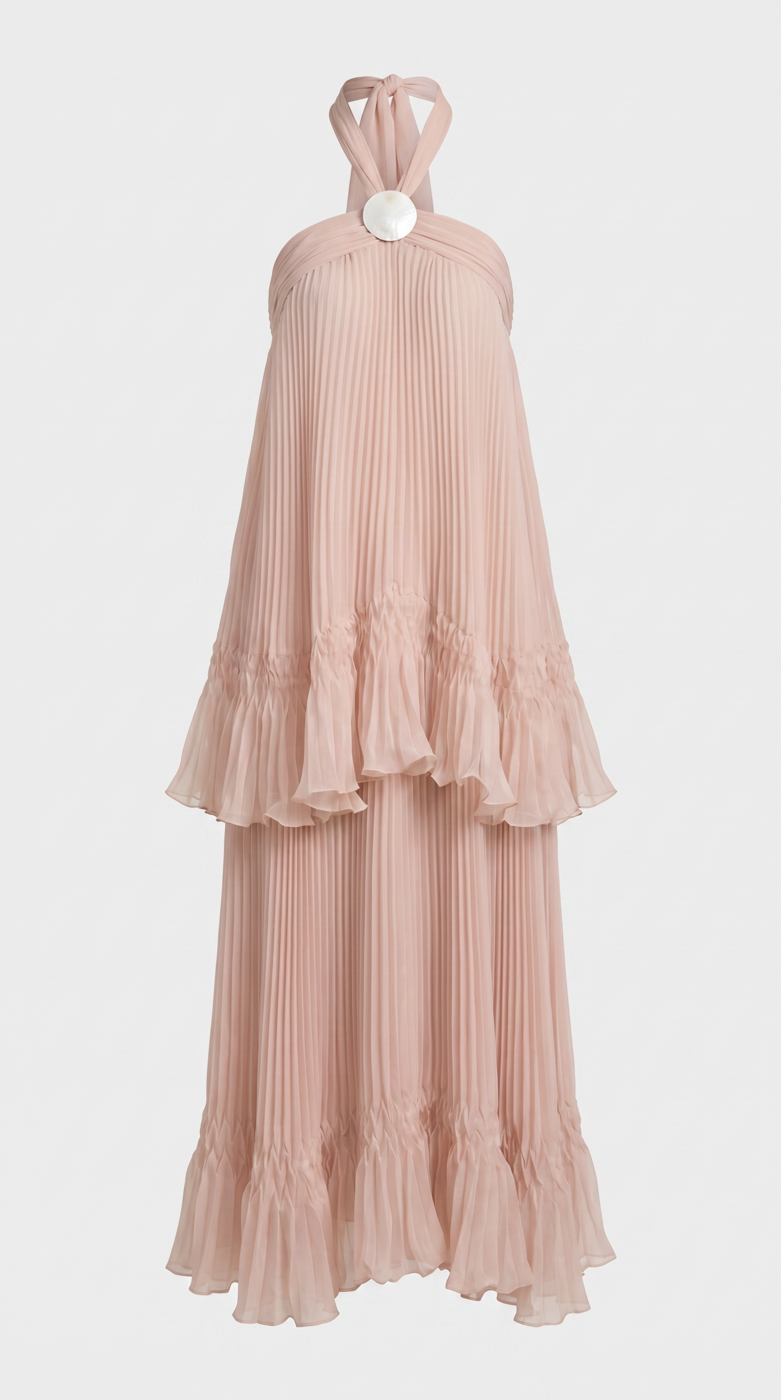Cyan - Tiered Plissé Halter Maxi Gown
