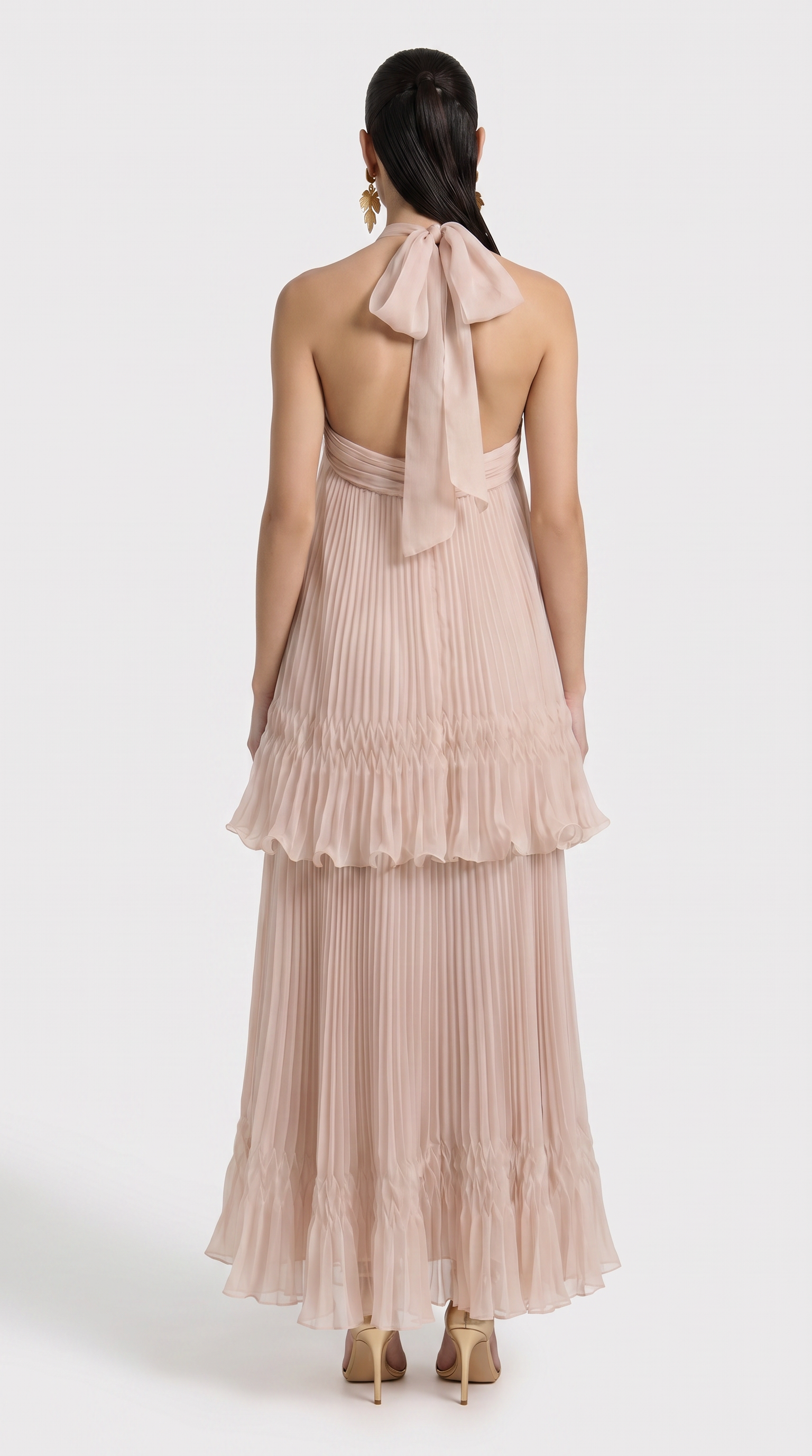 Cyan - Tiered Plissé Halter Maxi Gown