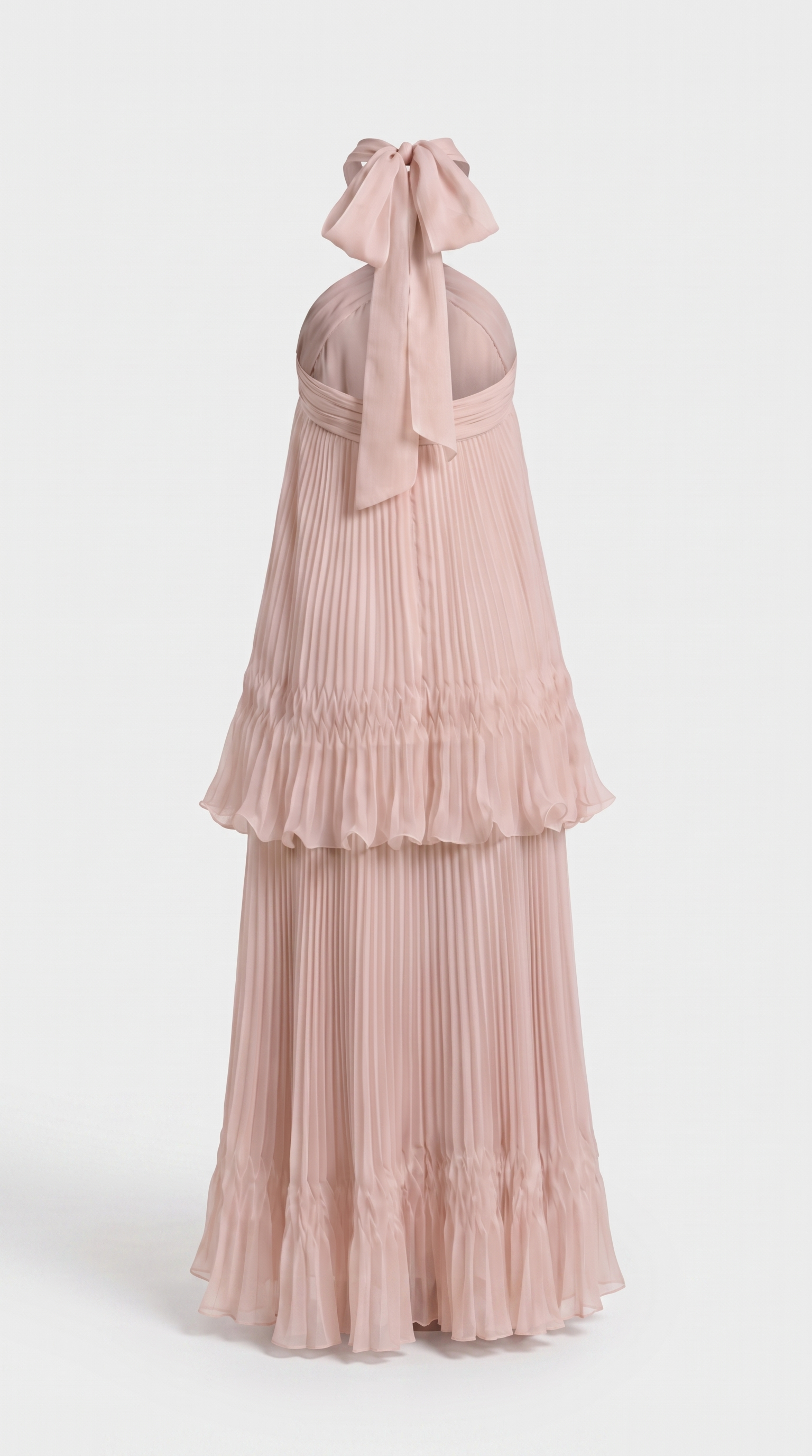 Cyan - Tiered Plissé Halter Maxi Gown