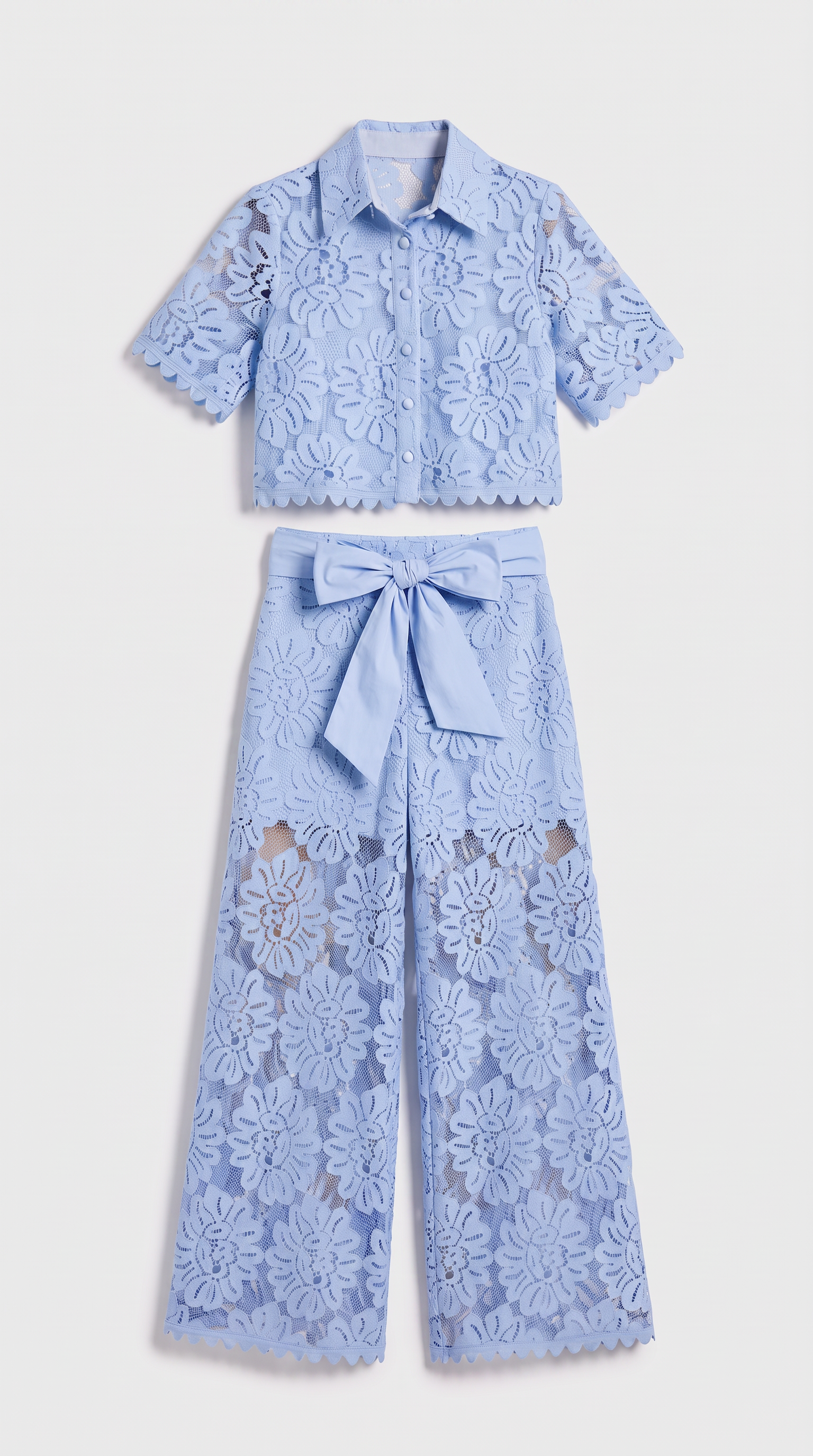 Senti - Cropped Lace Shirt & Wide-Leg Trouser Set Baby Blue