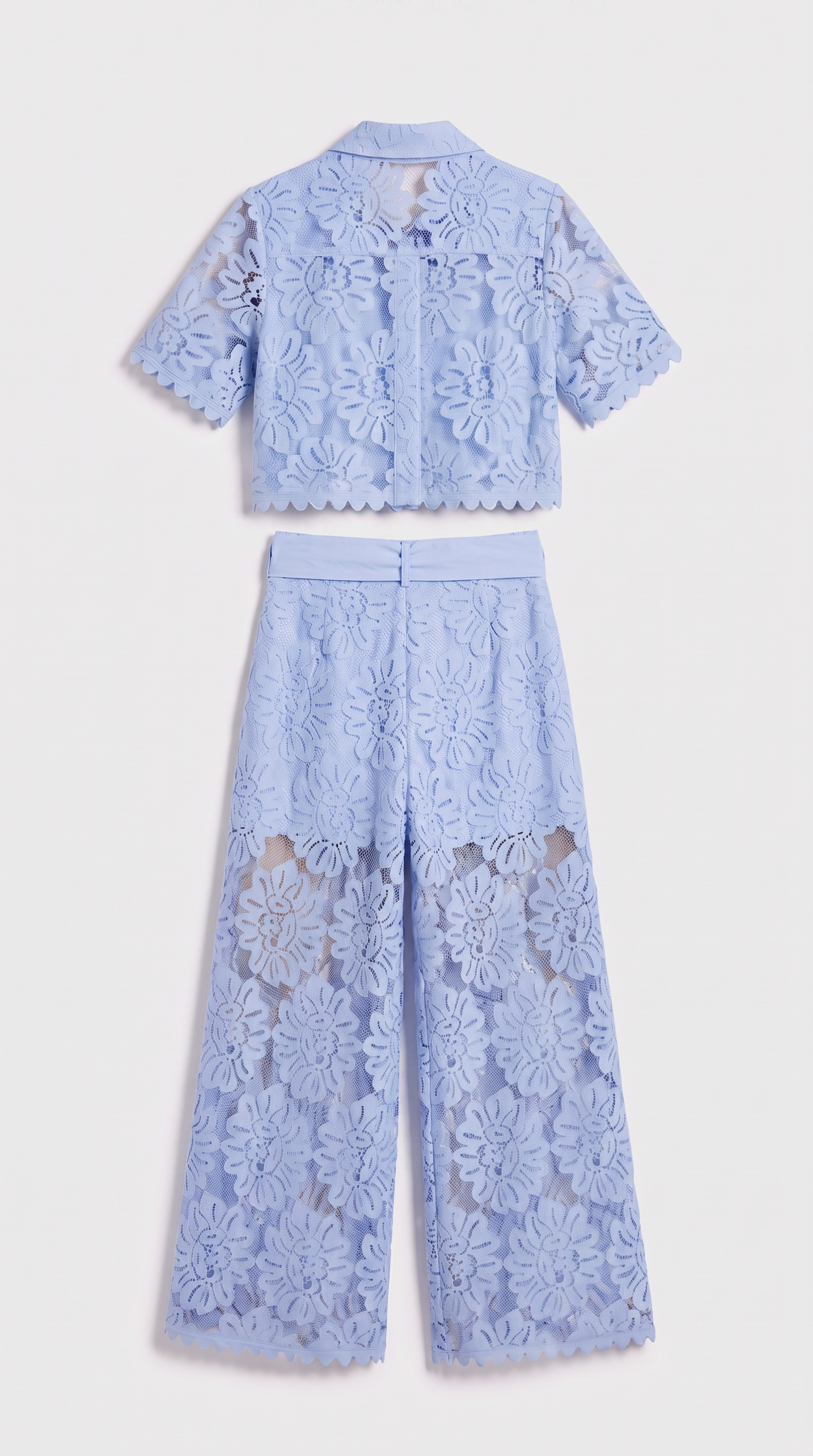 Senti - Cropped Lace Shirt & Wide-Leg Trouser Set Baby Blue