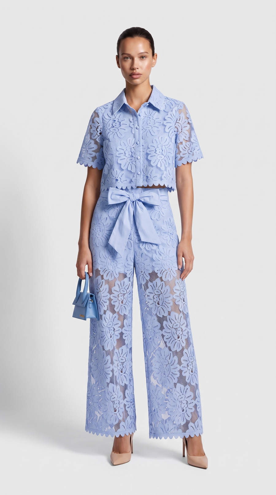 Senti - Cropped Lace Shirt & Wide-Leg Trouser Set Baby Blue