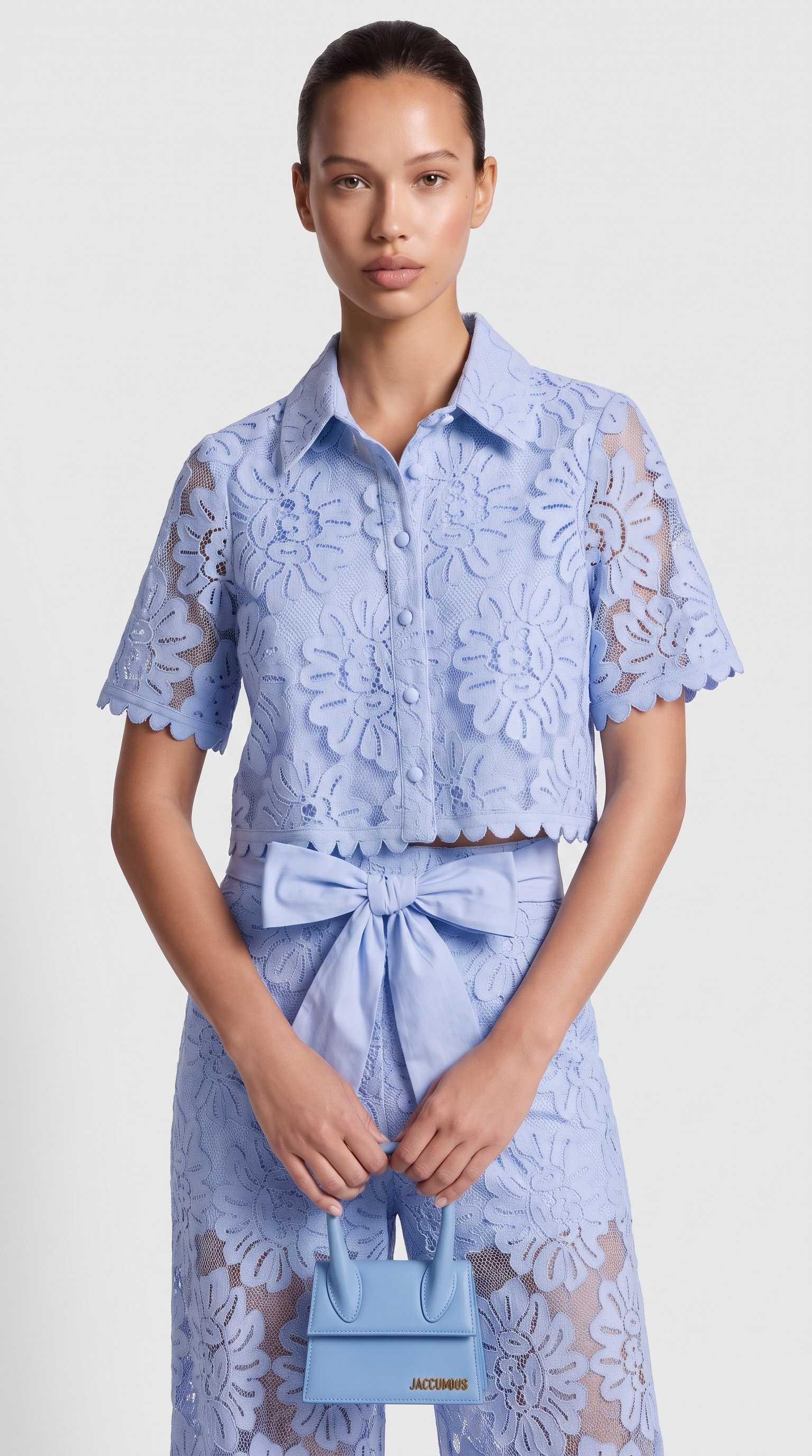 Senti - Cropped Lace Shirt & Wide-Leg Trouser Set Baby Blue