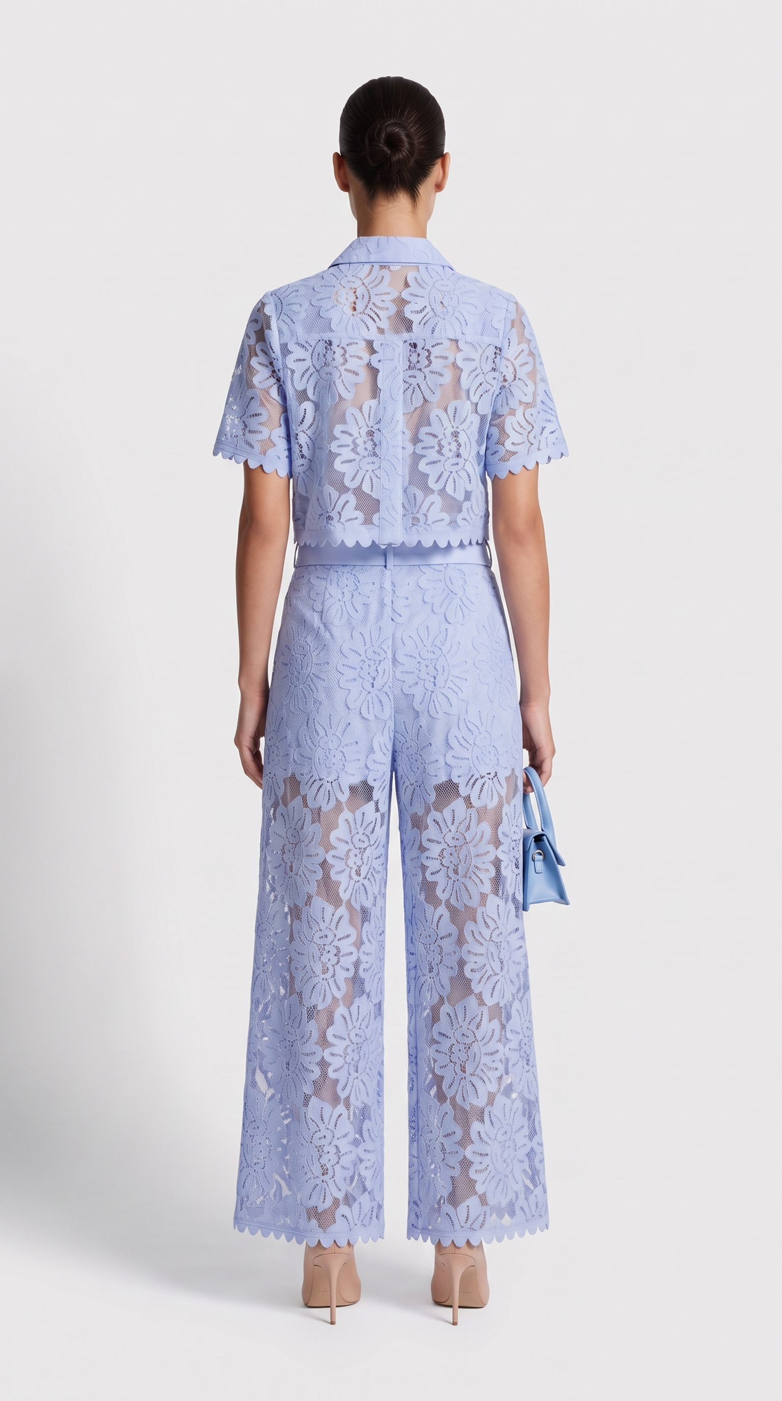 Senti - Cropped Lace Shirt & Wide-Leg Trouser Set Baby Blue