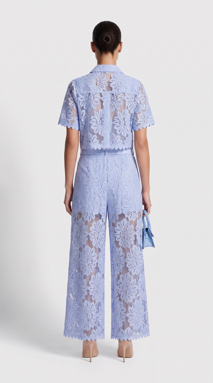 Senti - Cropped Lace Shirt & Wide-Leg Trouser Set Baby Blue