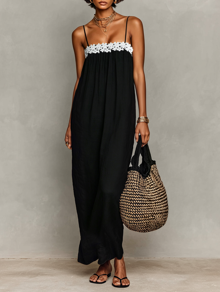 Women's Minimalist Lace-Paneled Strapless With Spaghetti Straps Maxi Dress