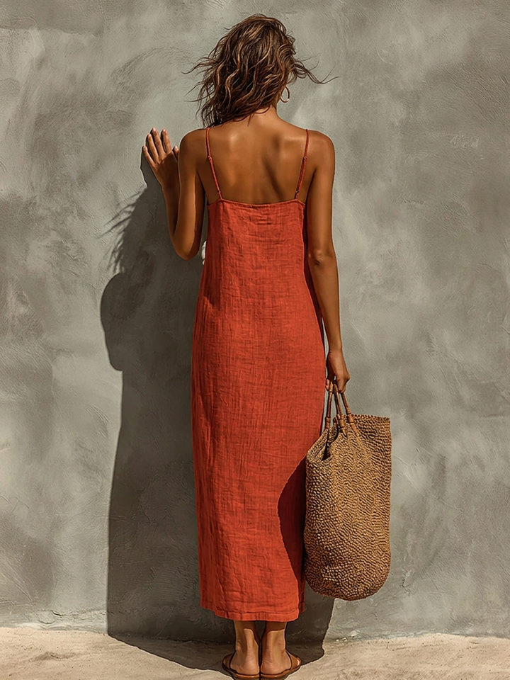 Women's Red Dress With Spaghetti Straps & Square Neck, Timeless Boho-Resort Style Dress