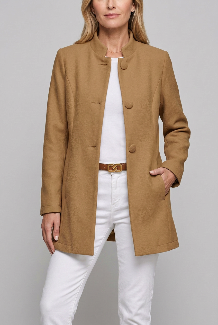 Women's Wool Coat | Stand Collar & Button Front