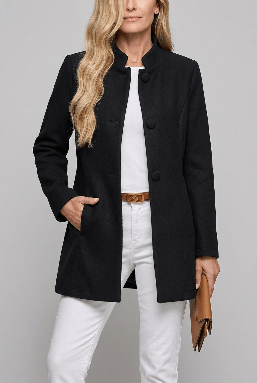 Women's Wool Coat | Stand Collar & Button Front