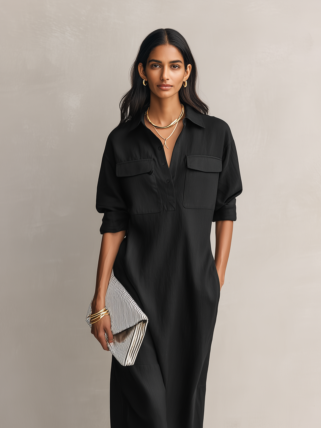 Women's Elegant Black Blend Shirt Collar Short-sleeved Midi Dress