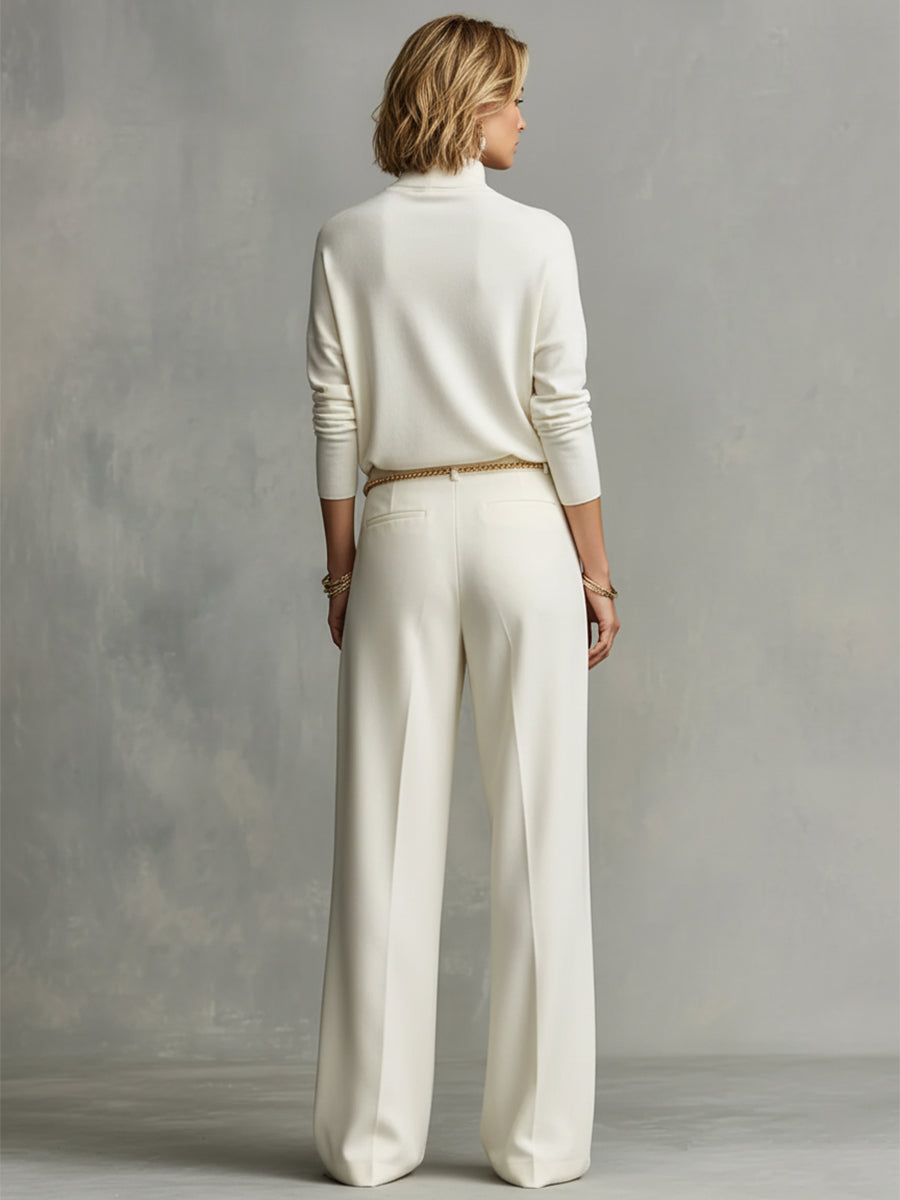 Women's Cream Soft Chic Turtleneck Top & Flowy Wide-Leg Pant Set