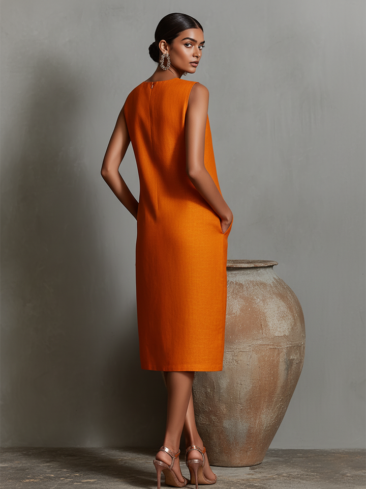 Women's Orange Dress With Sleeveless Round Neck & Side Pockets, Timeless Minimalist-Elegant Style Dress